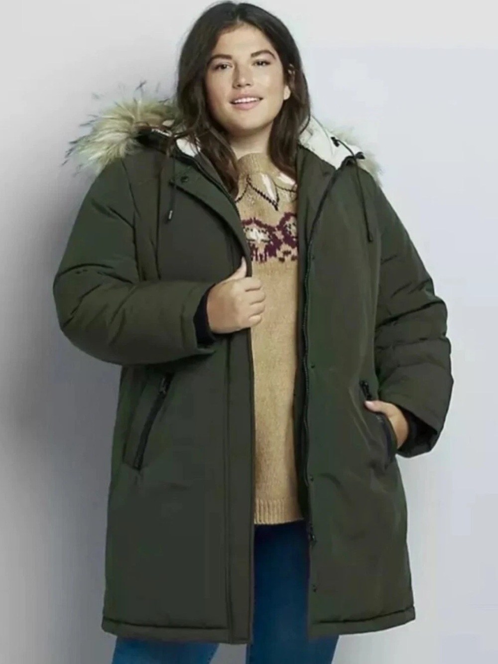 Lane Bryant Plus-Size Olive Green Puffer Parka Jacket with Faux Fur Hood 26/28